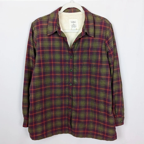 L.L. Bean Women M Soft Fleece Lined Button Up Plaid Flannel Shirt Jacket Shacket - Picture 1 of 8